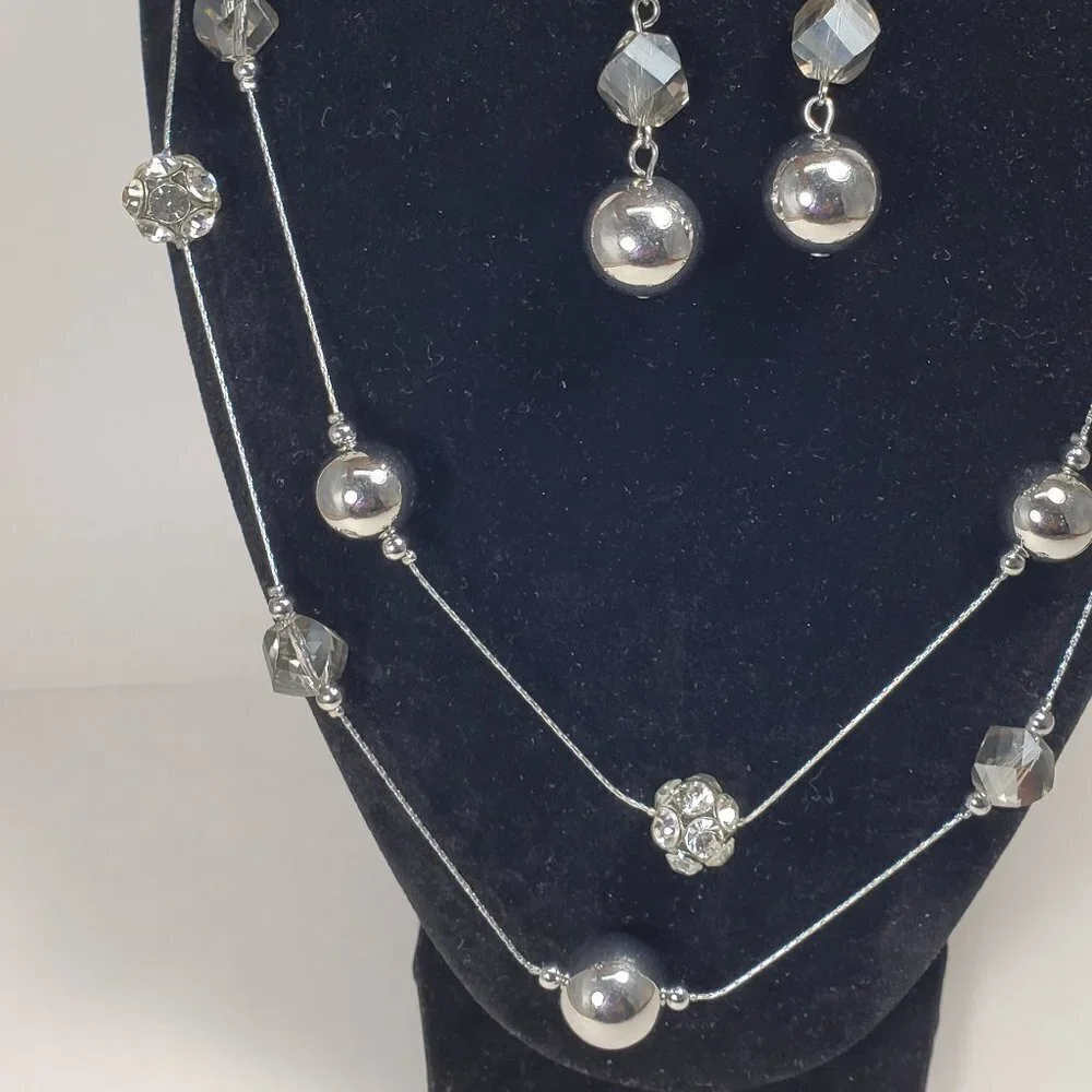 Layered Shimmering Silver-tone Crystal Ball Beaded Necklace & Matching Earrings